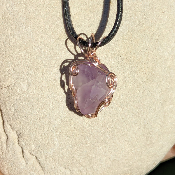 Raw Amethyst Crystal Wire Wrapped Pendant in Pink Enameled Copper