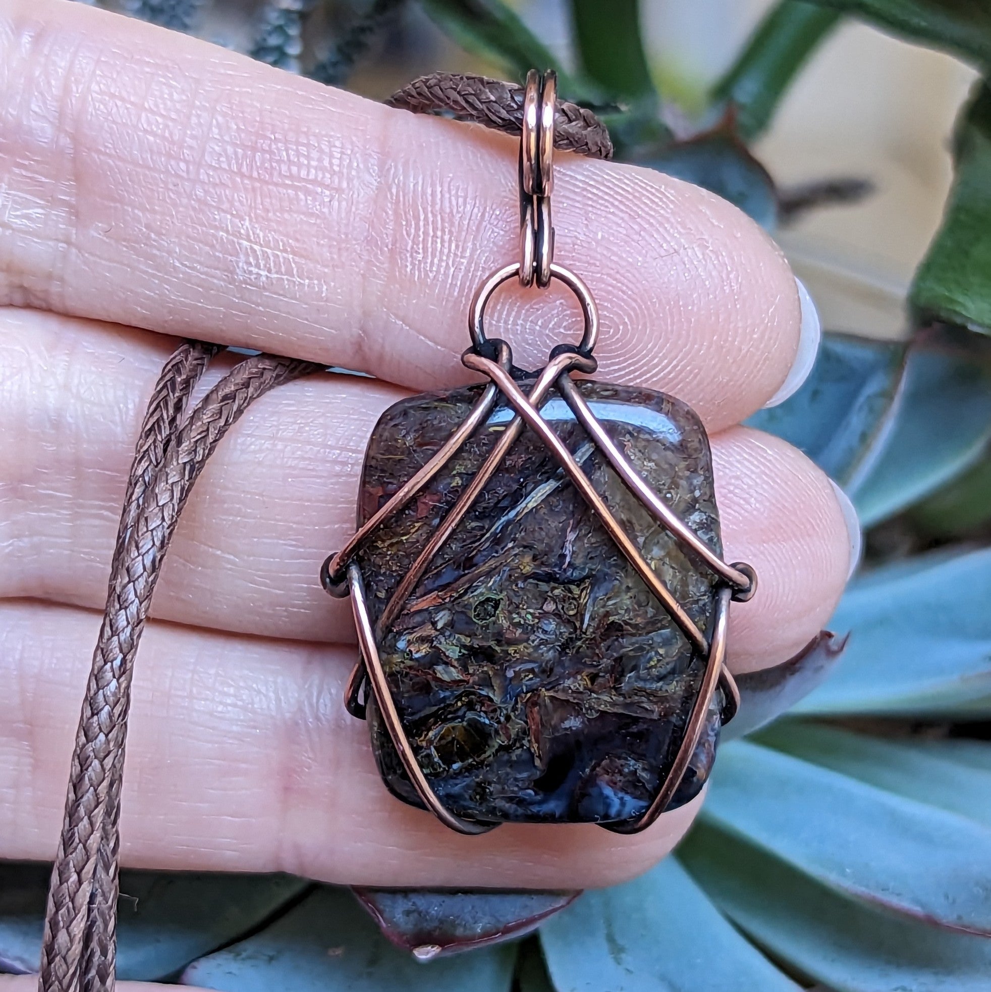 Pietersite Wire Wrapped Oxidized Copper Pendant