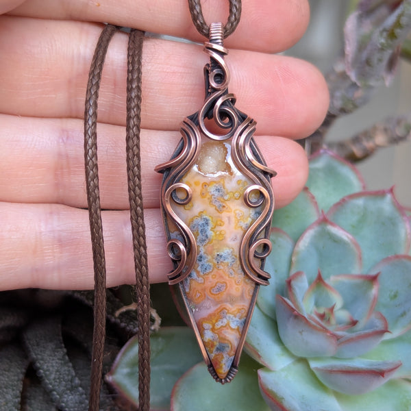 Red Marcasite Druzy Wire Wrapped Pendant in Oxidized Copper