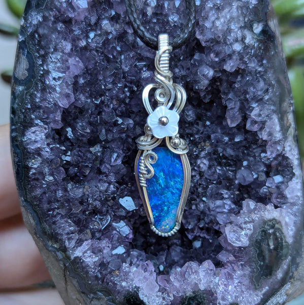 Australian Opal Doublet Wire Wrapped Sterling Silver Pendant