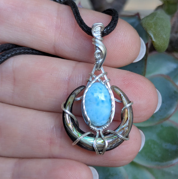 Abalone Crescent Moon & Larimar Wire Wrapped Sterling Silver Pendant