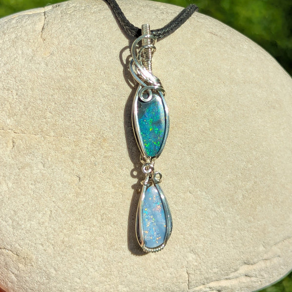 Australian Opal Doblet Wire Wrapped Pendant in Sterling Silver