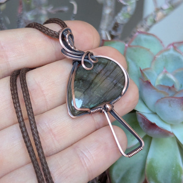 Labradorite Mushroom Wire Wrapped Pendant in Oxidized Copper