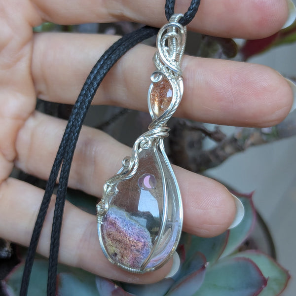 Lodolite Quartz & Sunstone Wire Wrapped Pendant in Sterling Silver
