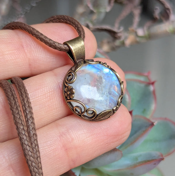 Rainbow Moonstone Pendant in Antique Brass