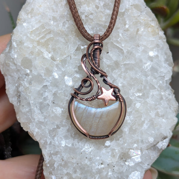 Rainbow Moonstone Crescent Wire Wrapped Pendant in Oxidized Copper