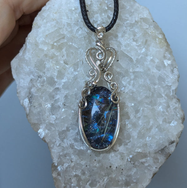 Rutile Quartz Doublet Wire Wrapped Pendant in Sterling Silver