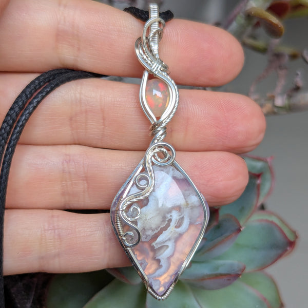 Plume Agate Doublet & Welo Opal Wire Wrapped Pendant in Sterling Silver