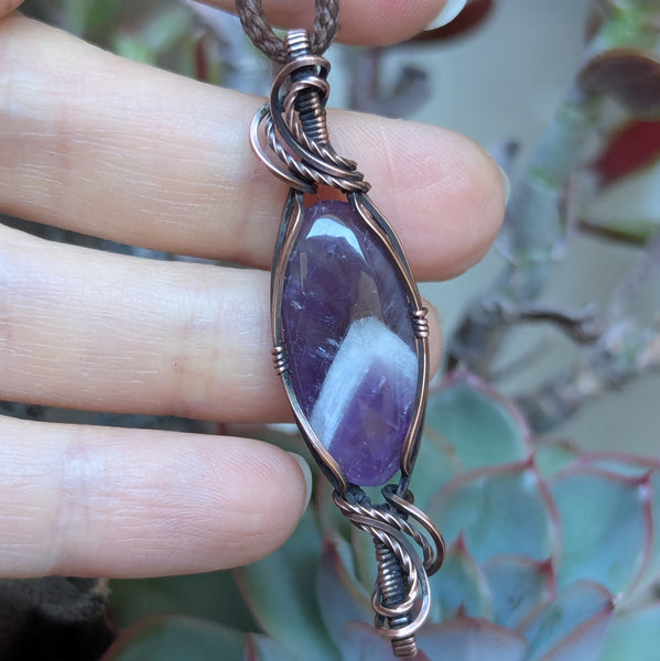Chevron Amethyst Wire Wrapped Pendant in Oxidized Copper