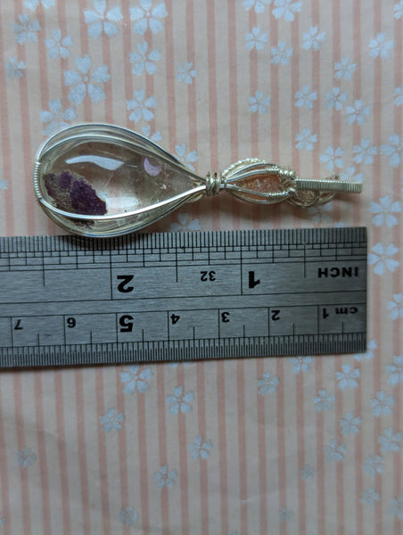 Lodolite Quartz & Sunstone Wire Wrapped Pendant in Sterling Silver
