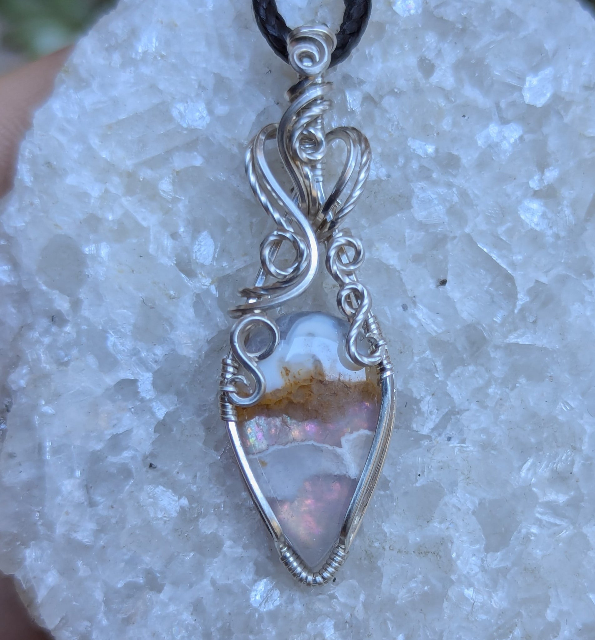Plume Agate Doublet Wire Wrapped Pendant in Sterling Silver
