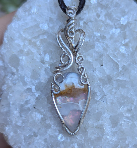 Plume Agate Doublet Wire Wrapped Pendant in Sterling Silver