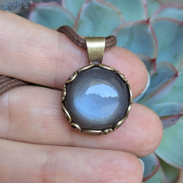 Grey Moonstone Pendant in Antique Brass