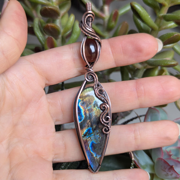 Labradorite & Smoky Quartz Wire Wrapped Oxidized Copper Pendant