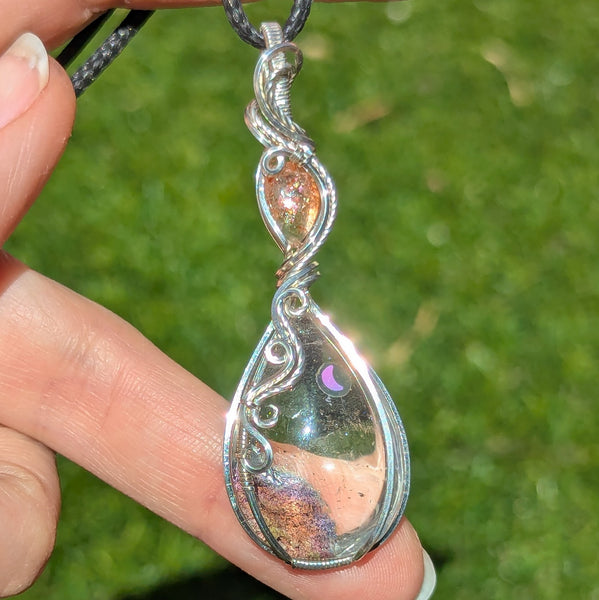 Lodolite Quartz & Sunstone Wire Wrapped Pendant in Sterling Silver