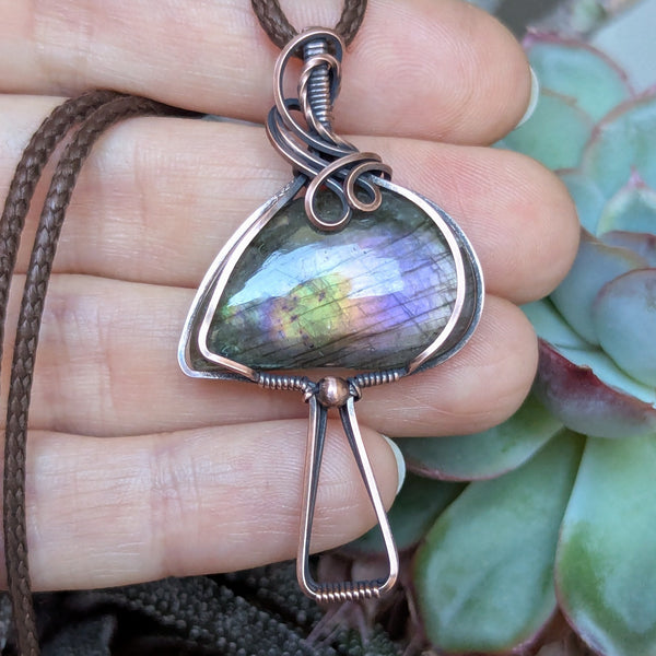 Labradorite Mushroom Wire Wrapped Pendant in Oxidized Copper