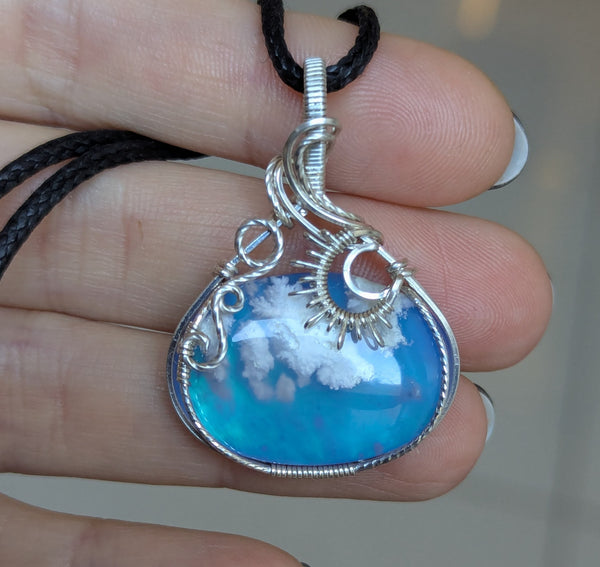 Plume Agate Doublet Wire Wrapped Pendant in Sterling Silver