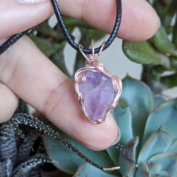 Raw Amethyst Crystal Wire Wrapped Pendant in Pink Enameled Copper