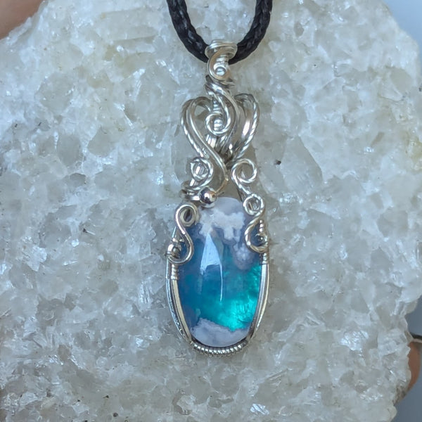 Plume Agate Doublet Wire Wrapped Pendant in Sterling Silver