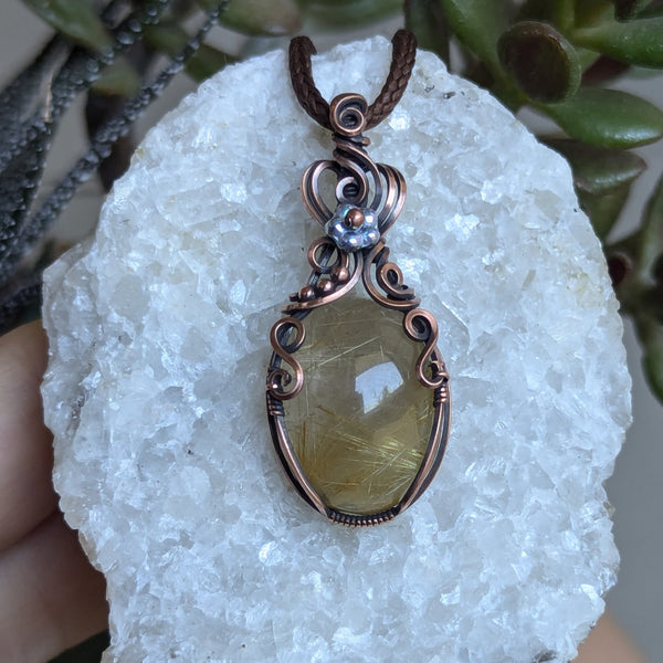 Golden Rutile Quartz Wire Wrapped Pendant in Oxidized Copper