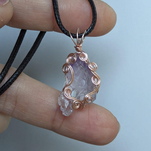 Raw Amethyst Crystal Wire Wrapped Pendant in Pink Enameled Copper