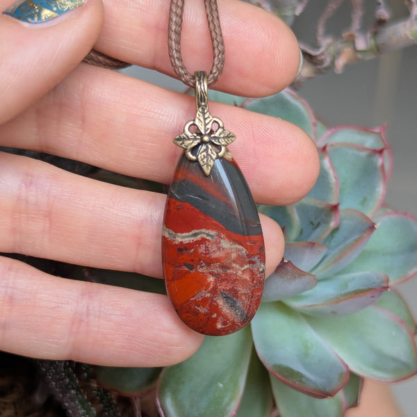 Red Jasper Pendant in Antique Brass