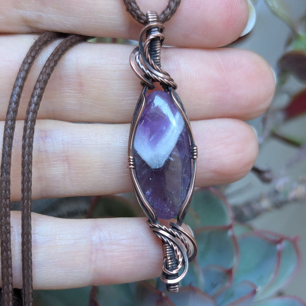 Chevron Amethyst Wire Wrapped Pendant in Oxidized Copper