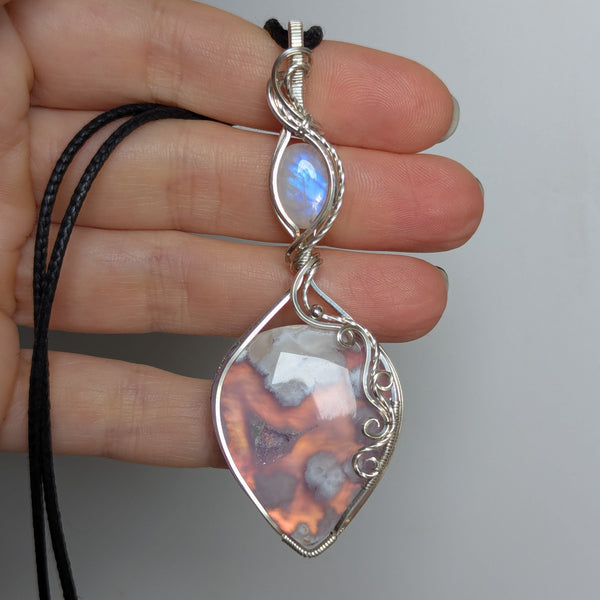 Plume Agate Doublet & Rainbow Moonstone Wire Wrapped Pendant in Sterling Silver