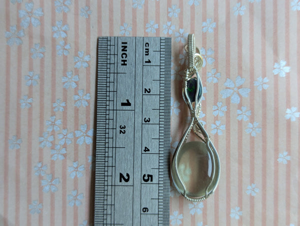Grey Moonstone & Welo Opal Wire Wrapped Sterling Silver Pendant