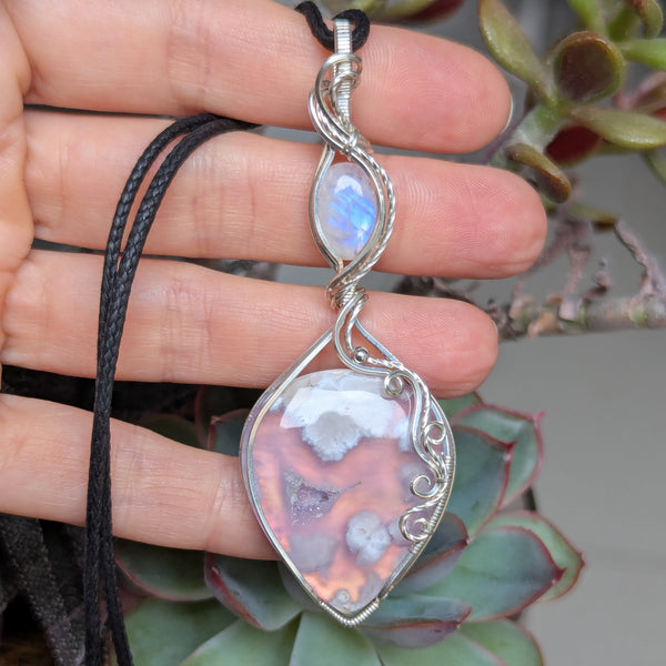 Plume Agate Doublet & Rainbow Moonstone Wire Wrapped Pendant in Sterling Silver