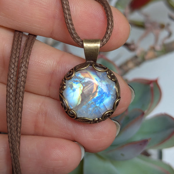 Rainbow Moonstone Pendant in Antique Brass