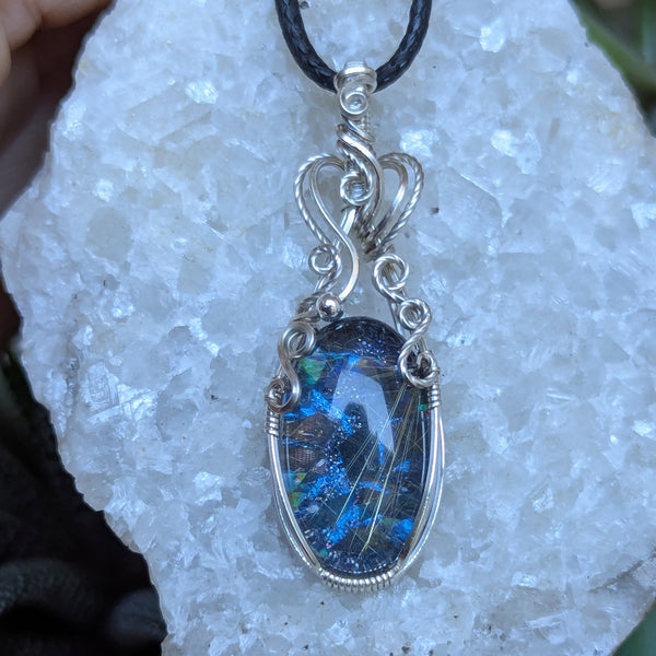Rutile Quartz Doublet Wire Wrapped Pendant in Sterling Silver