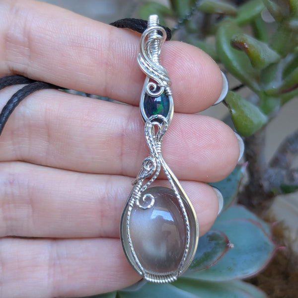 Grey Moonstone & Welo Opal Wire Wrapped Sterling Silver Pendant