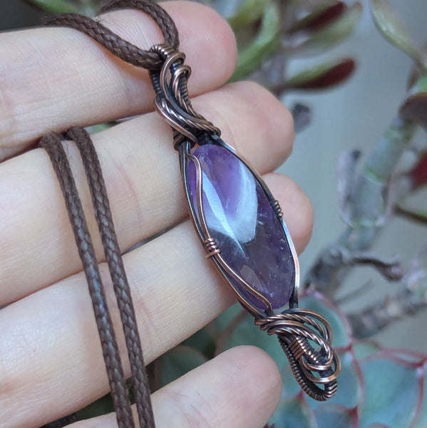 Chevron Amethyst Wire Wrapped Pendant in Oxidized Copper