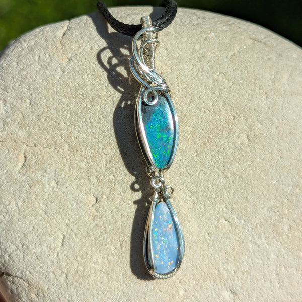 Australian Opal Doblet Wire Wrapped Pendant in Sterling Silver