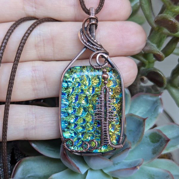 Dichroic Glass Pine Tree Wire Wrapped Pendant in Oxidized Copper