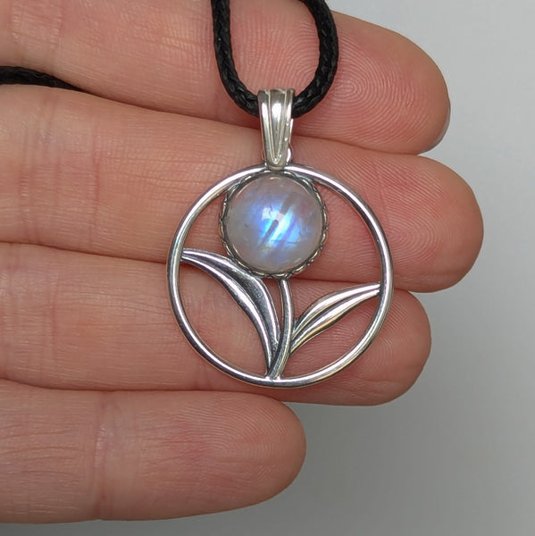 Rainbow Moonstone Flower Pendant in Sterling Silver