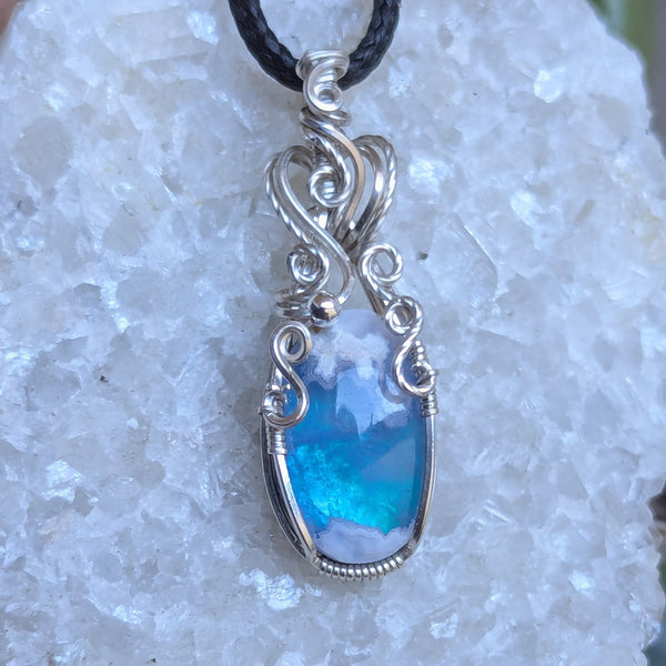 Plume Agate Doublet Wire Wrapped Pendant in Sterling Silver