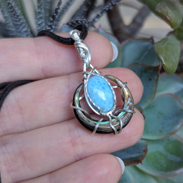 Abalone Crescent Moon & Larimar Wire Wrapped Sterling Silver Pendant