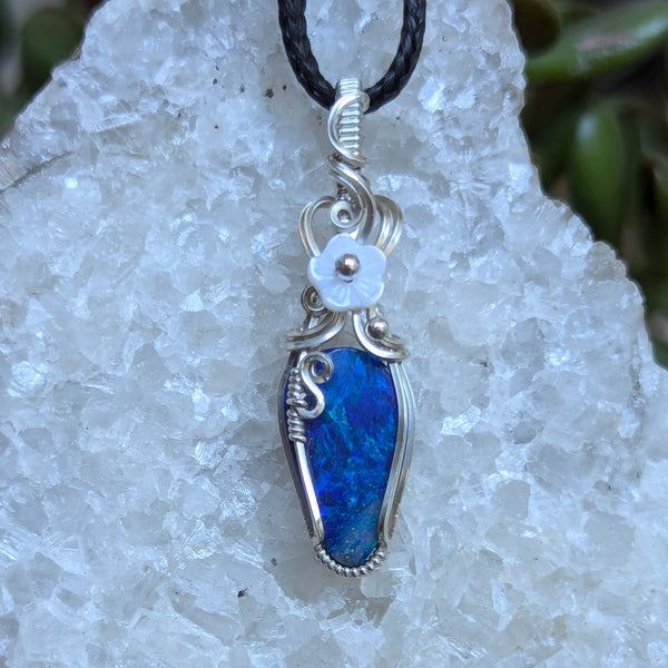 Australian Opal Doublet Wire Wrapped Sterling Silver Pendant