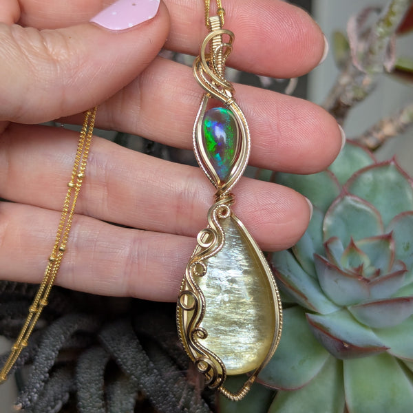 Golden Mica & Welo Opal Wire Wrapped Yellow Gold-fill Pendant w/ Chain