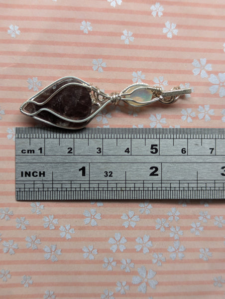 Red Sunstone & Welo Opal Wire Wrapped Pendant in Sterling Silver