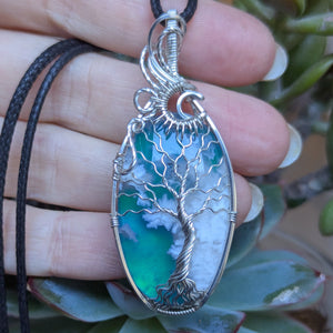 Plume Agate Doublet Wire Wrapped Tree of Life Pendant in Sterling Silver
