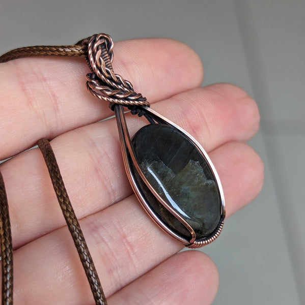 Labradorite Wire Wrapped Pendant in Oxidized Copper