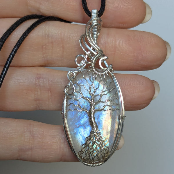 Rainbow Moonstone Tree of Life Wire Wrapped Pendant in Sterling Silver
