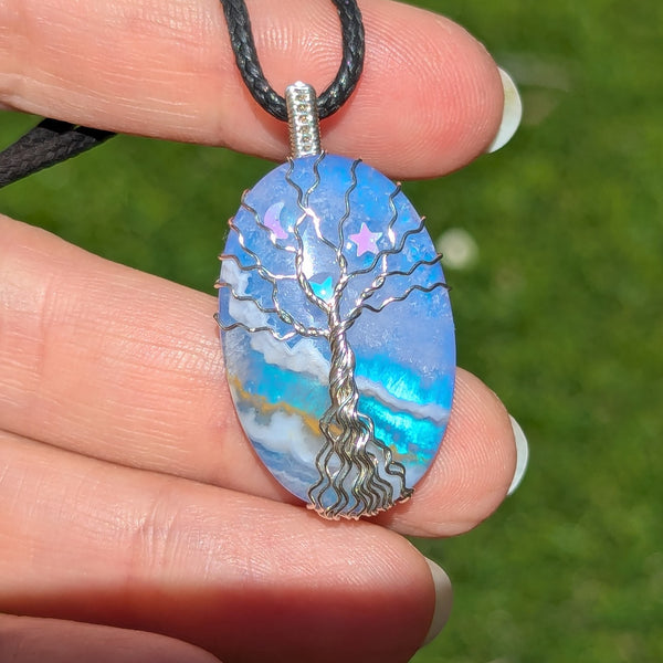 Plume Agate Wire Wrapped Tree of Life Pendant in Sterling Silver