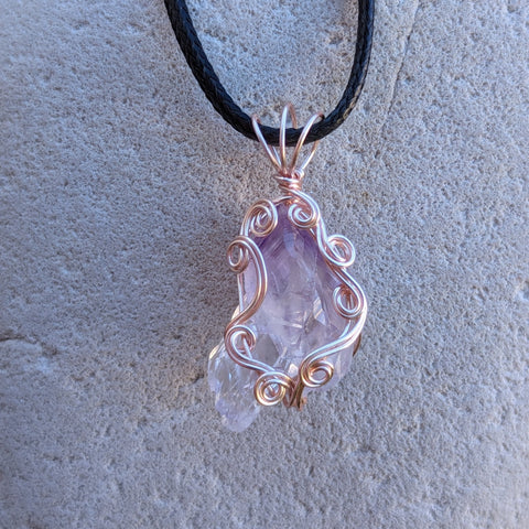Raw Amethyst Crystal Wire Wrapped Pendant in Pink Enameled Copper
