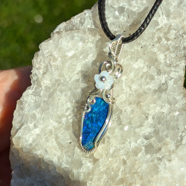 Australian Opal Doublet Wire Wrapped Sterling Silver Pendant