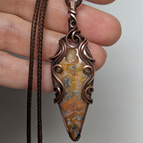 Red Marcasite Druzy Wire Wrapped Pendant in Oxidized Copper