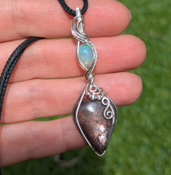 Red Sunstone & Welo Opal Wire Wrapped Pendant in Sterling Silver